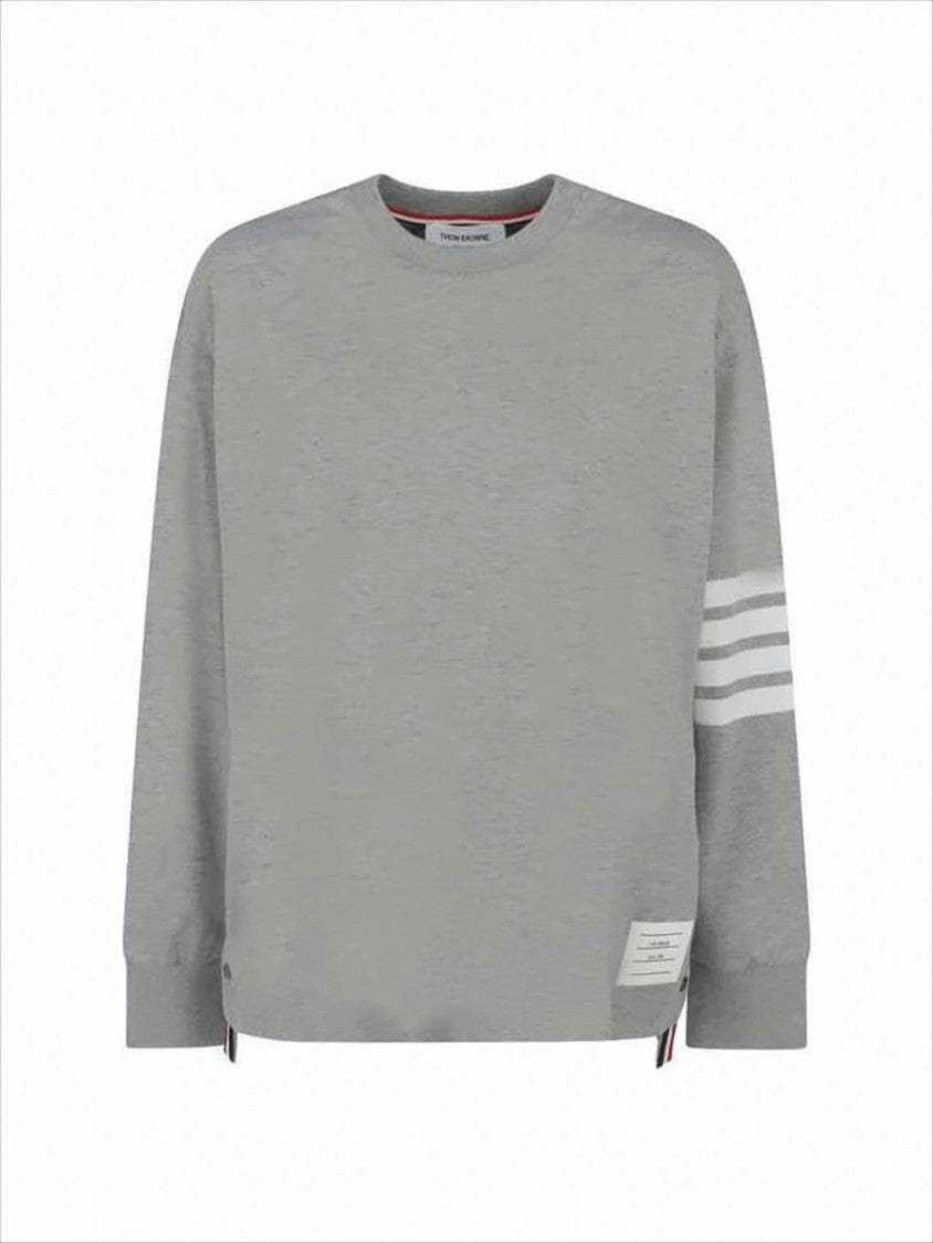Thom Browne Long-Sleeved Crew Neck Cotton Top With Signature Stripe Detail