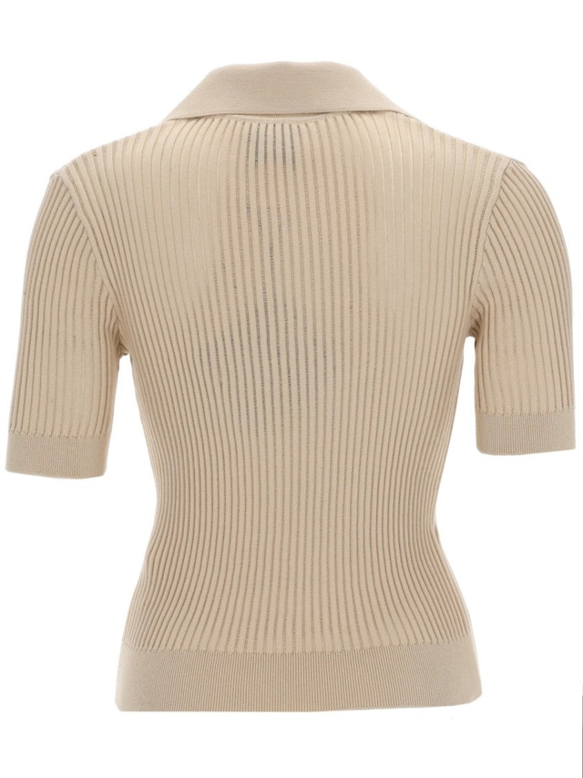 Patou Neutral Ribbed Knit Fitted Polo Shirt