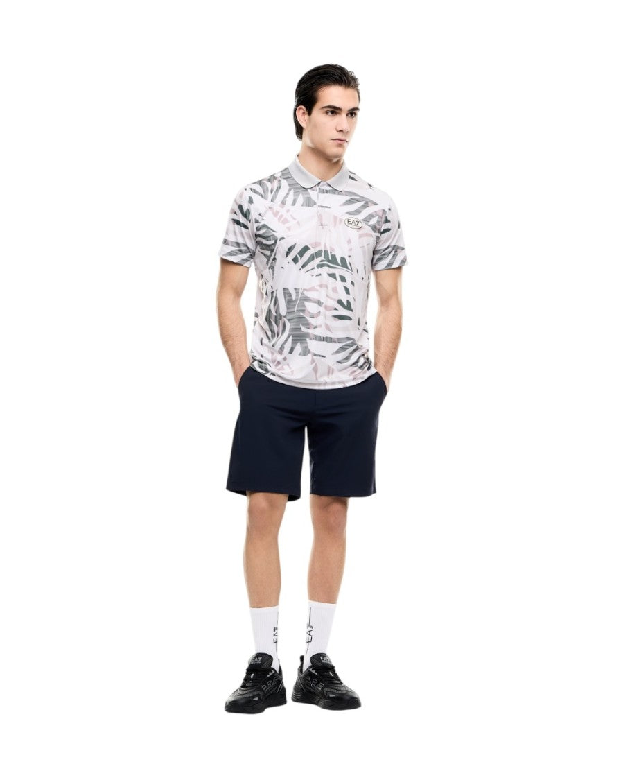 Ea7 Emporio Armani Multi-Color Abstract Leaf Pattern Polo Shirt