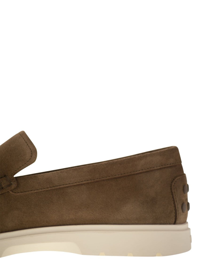 Tod's Brown Suede Moccasin Slipper With Embossed Monogram
