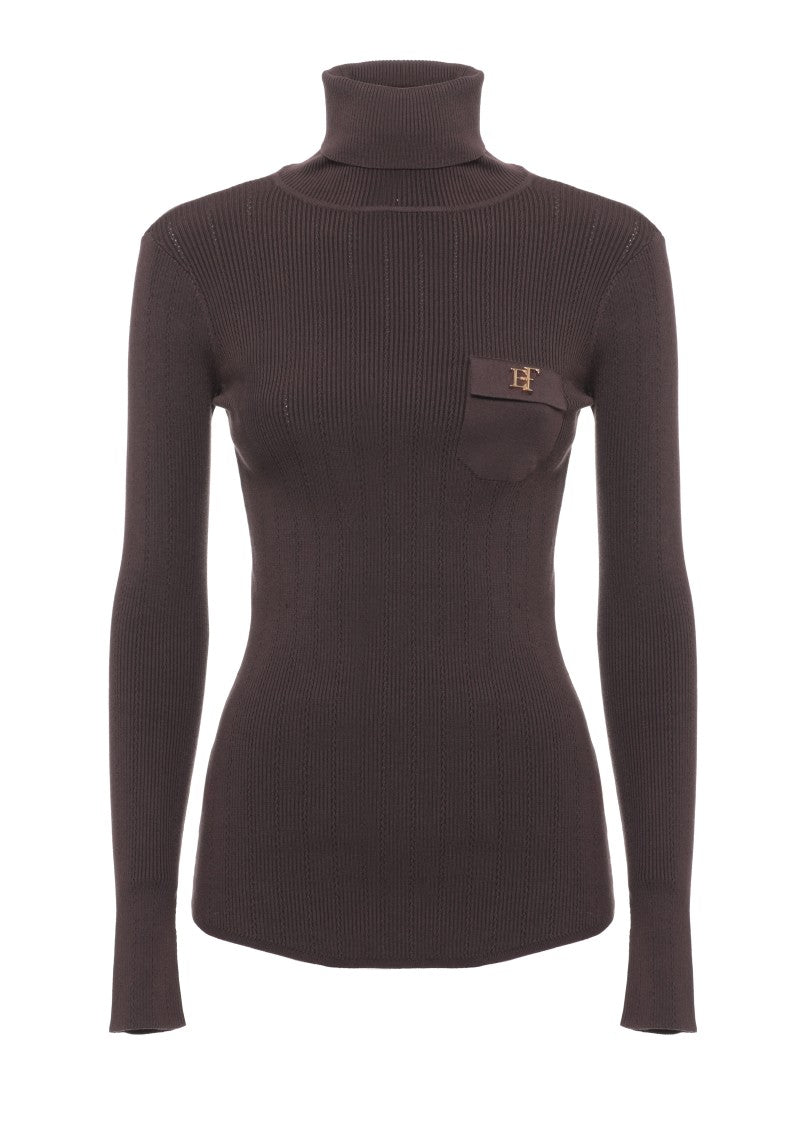 Elisabetta Franchi High Neck Ribbed Sweater With Faux Pocket And Gold Logo