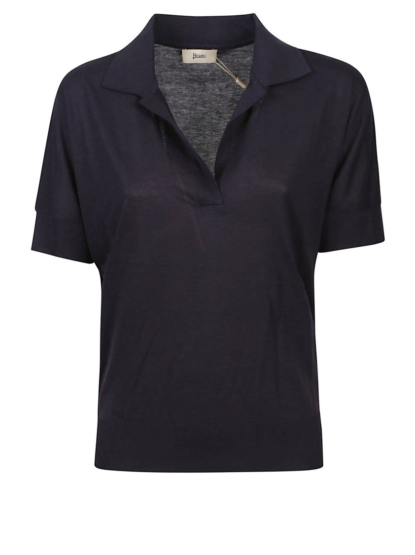 Herno Relaxed Fit Dark Blue Polo-Style Top With Ribbed Cuffs