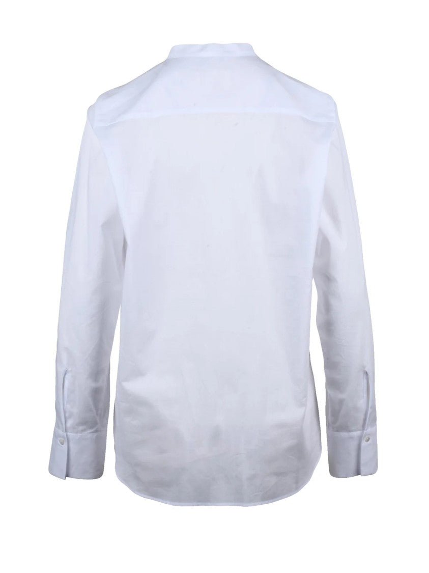 Xacus White Vertical Ruffle Mandarin Collar Cotton Shirt