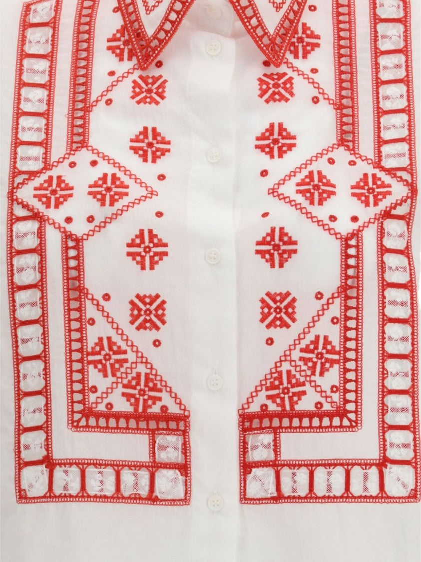 Ermanno Scervino Cropped Shirt With Classic Collar And Intricate Red Embroidery