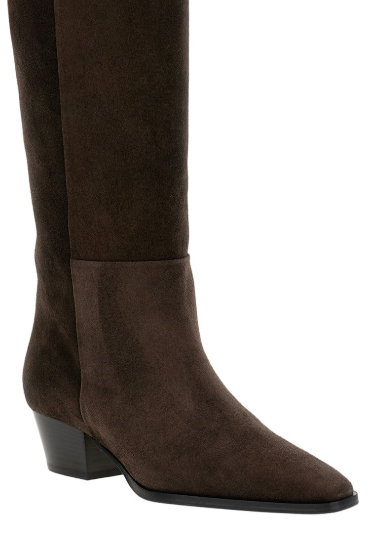 Aeydē Brown Medea High-Heeled Calfskin Mid-Calf Boots