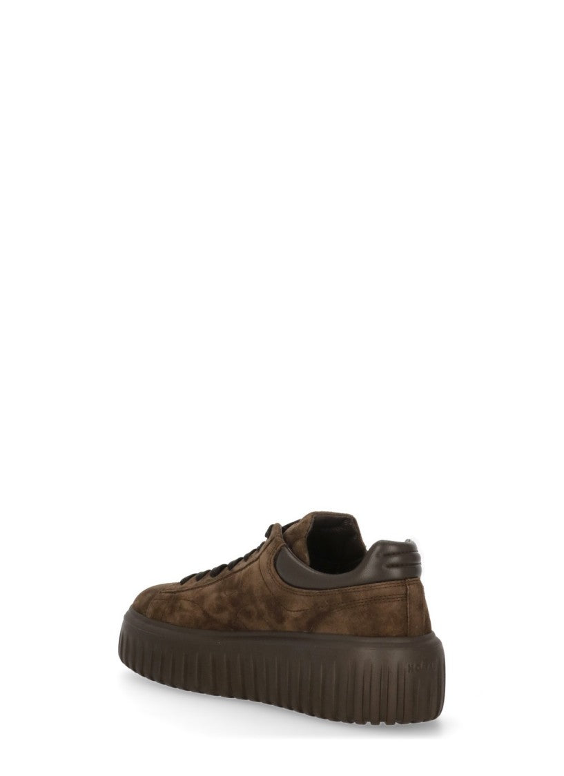 Hogan Round Toe Brown Suede Sneakers With Logo Embellishments And Elevated Sole