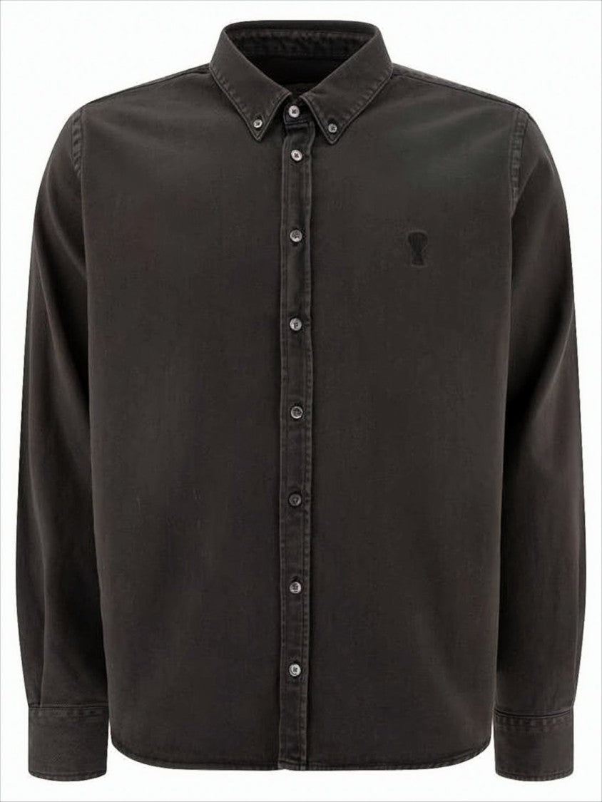 Ami Long Sleeve Black Cotton Button-Down Shirt With Embroidered Logo