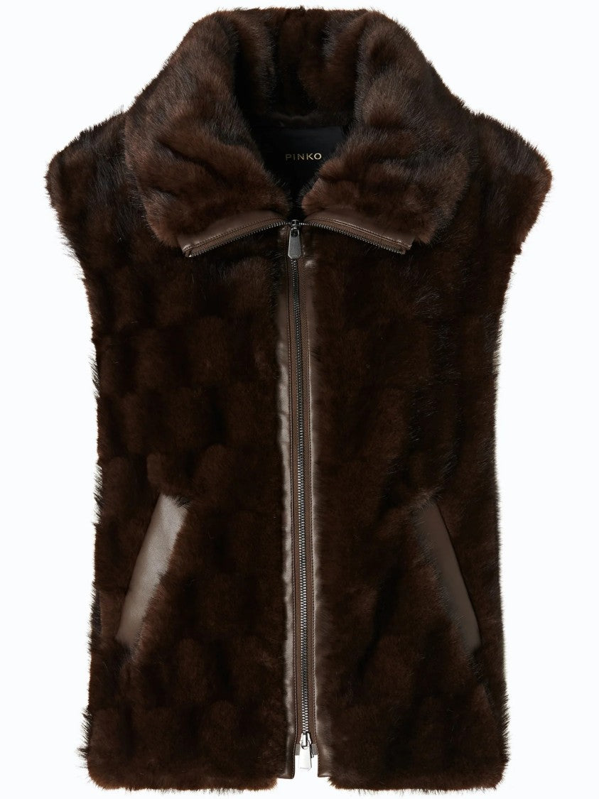 Pinko Textured Brown Gilet With High Collar And Leather-Like Panels