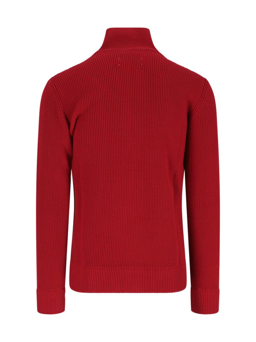 Maison Margiela Ribbed Knit Zip Cardigan With High Collar And Four-Stitch Detail