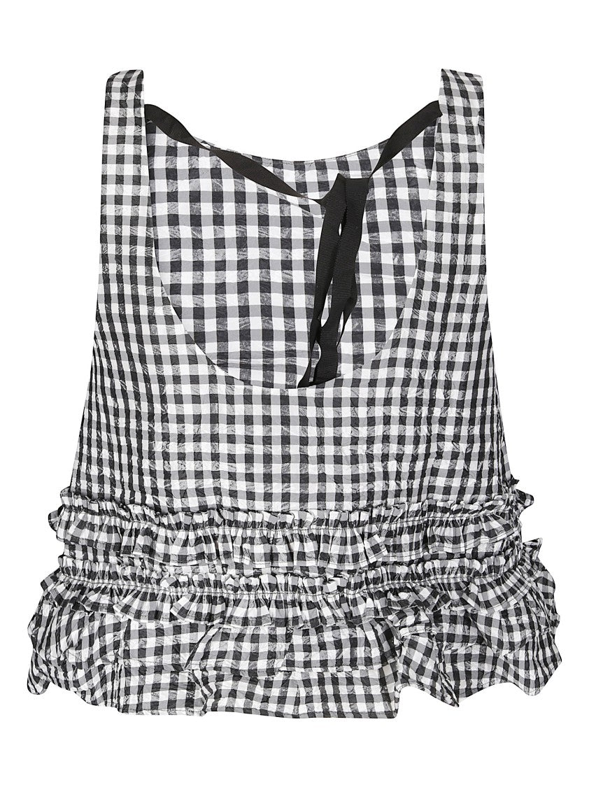 Ganni Crinkled Taffeta Gingham Top With Ruches