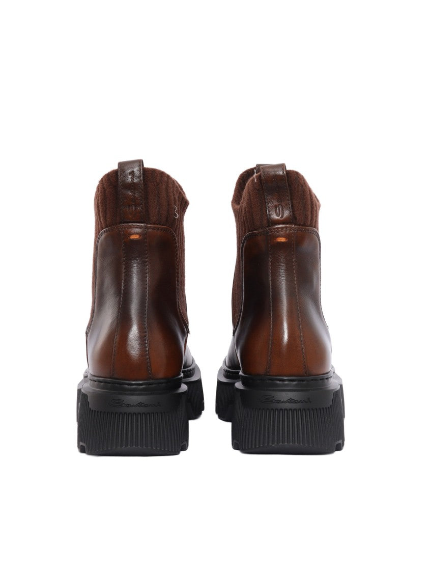 Santoni Brown Calfskin Mountain Boot With Ribbed Ankle Panel