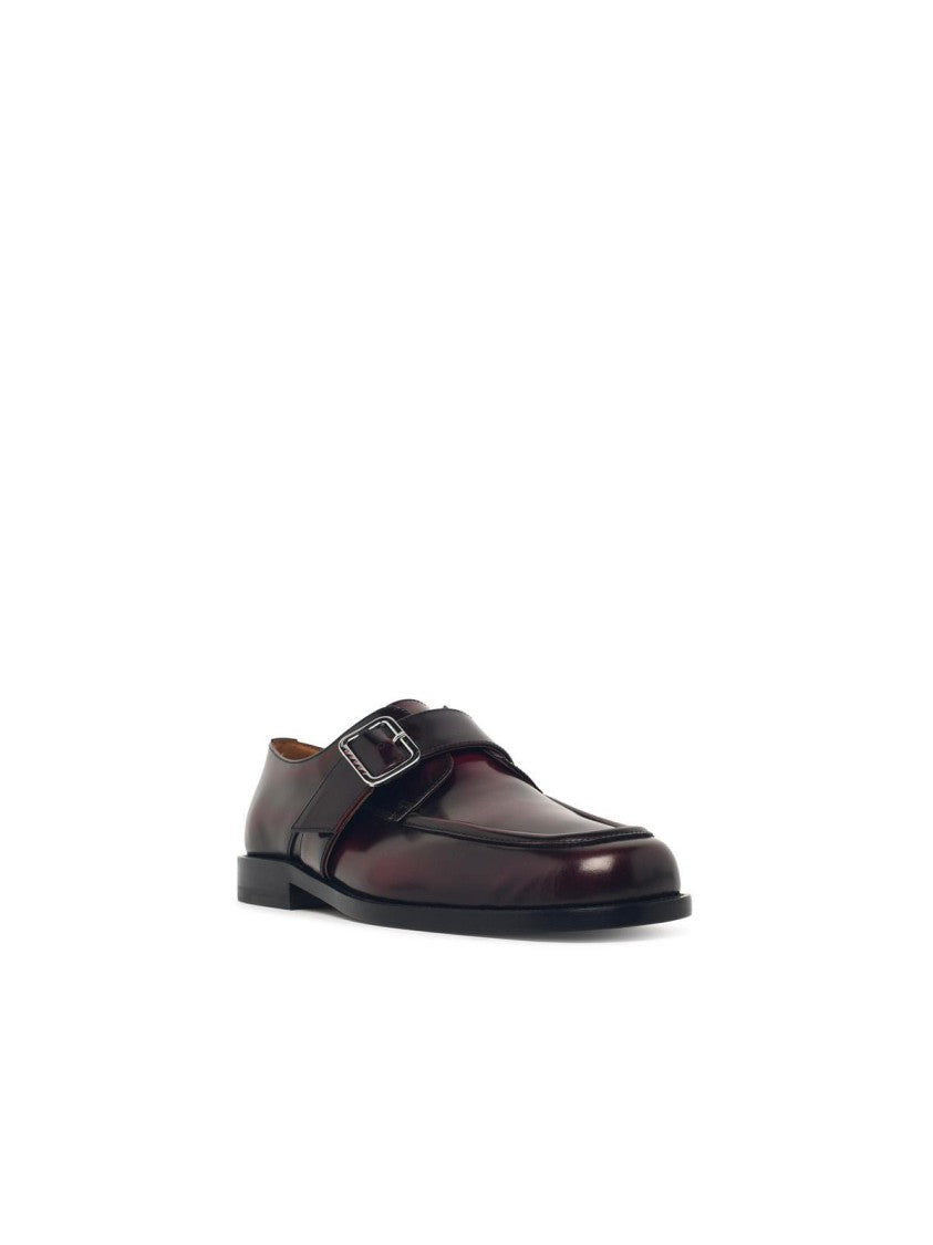 Marni Burgundy Leather Loafers With Buckled Strap And Polished Finish