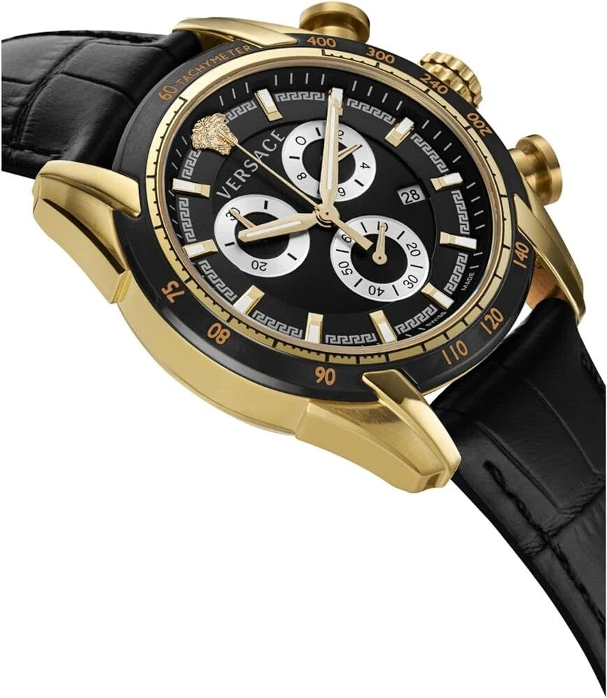 Versace Bold Round Dial Watch With Textured Leather Strap