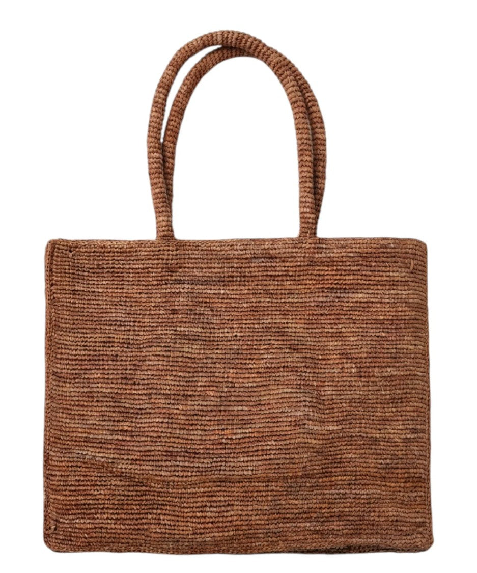 Mc2 Saint Barth Textured Brown Woven Tote Bag With Embroidered Statement
