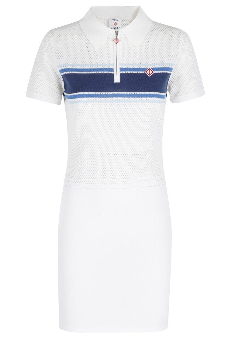 Casablanca White Mesh Stripe Jacquard Zip-Collar Cotton Mini Dress