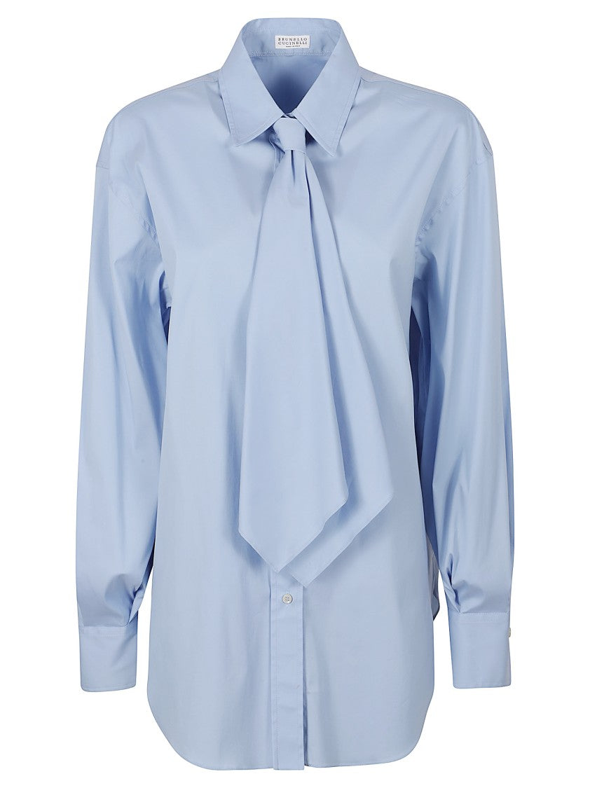 Brunello Cucinelli Light Blue Shirt With Front Tie Detail And Classic Collar