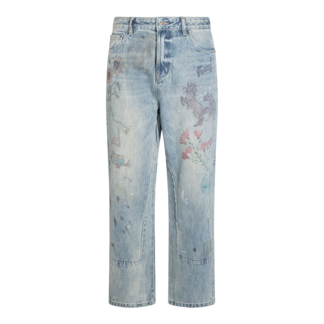 Found Light Blue Washed Denim Jeans With Artistic Prints