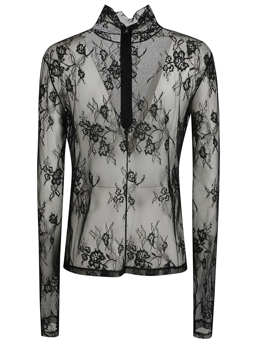 Patrizia Pepe Sheer Lace Long Sleeve Turtleneck Sweater With Intricate Floral Patterns