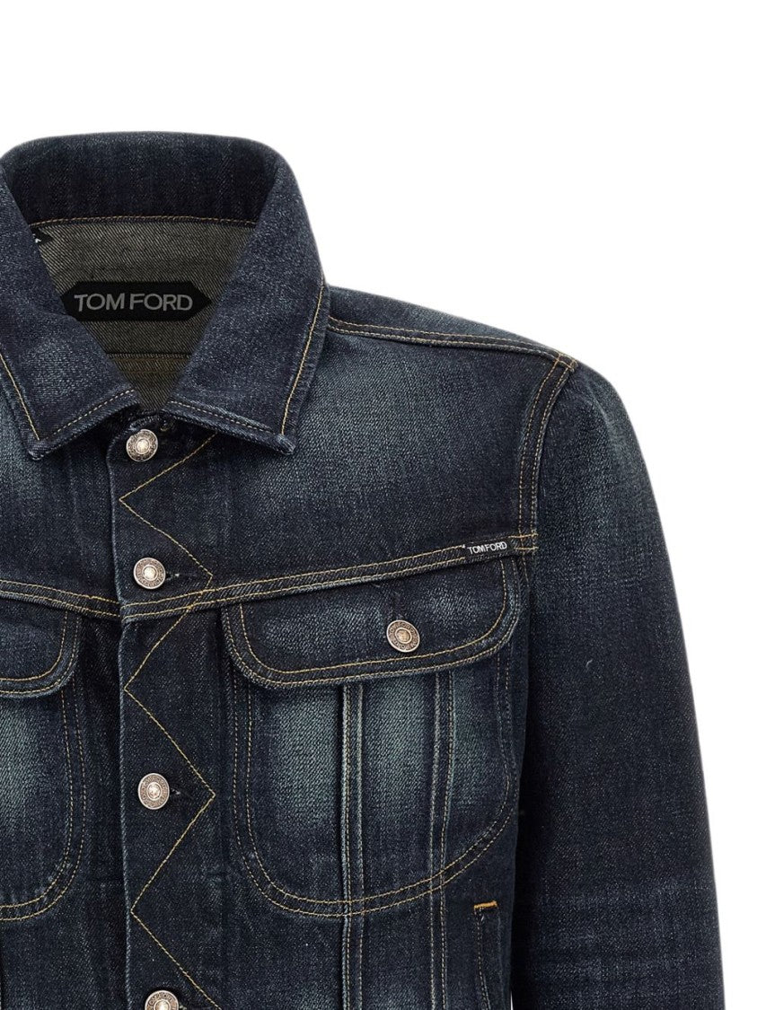 Tom Ford Blue Denim Flap Pocket Structured Collar Denim Jacket