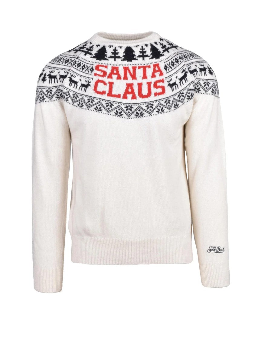 Mc2 Saint Barth White Festive Knit Pattern Wool-Blend Crewneck Sweater