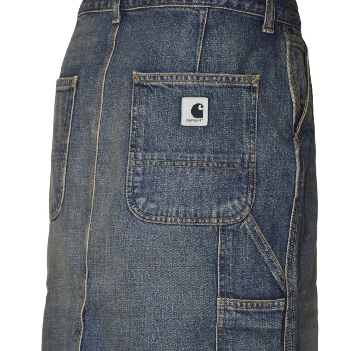 Carhartt Wip Mid-Length Denim Skirt With Logo Patch And Back Slit