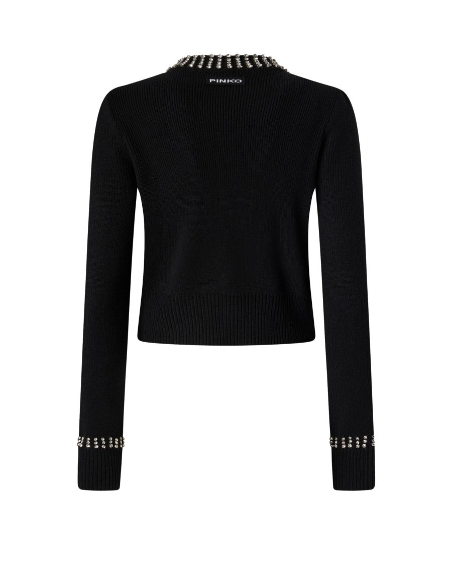 Pinko Crewneck Cardigan With Rhinestones – Black