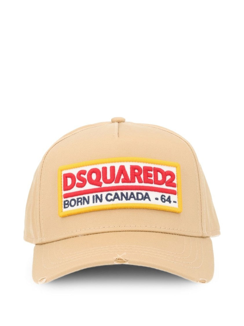 Dsquared2 Beige Baseball Cap With Bold Logo Patch And Distressed Details