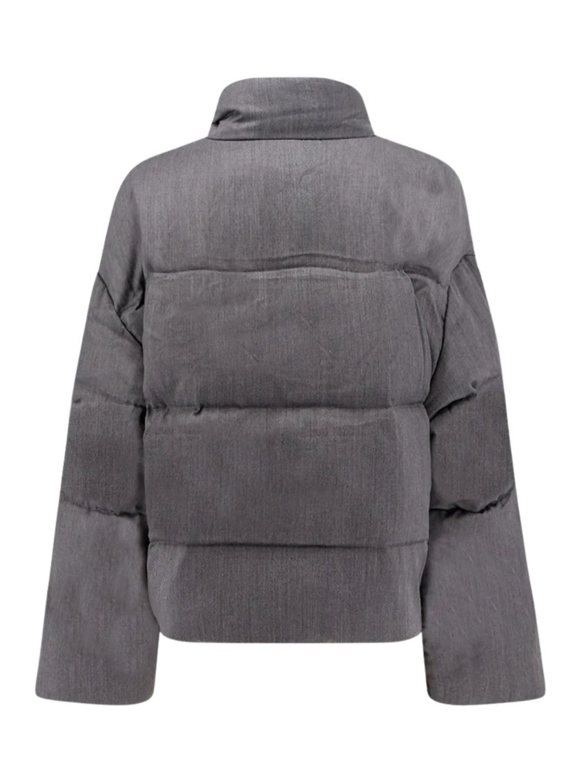Entire Studios Boxy Cropped Grey Down Jacket With Concealed Closure And Textured Fabric