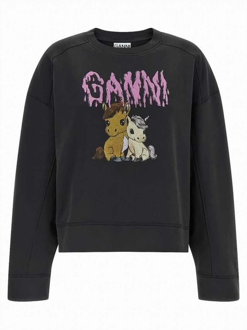 Ganni Relaxed Fit Long-Sleeve Cotton Top With Playful Graphic