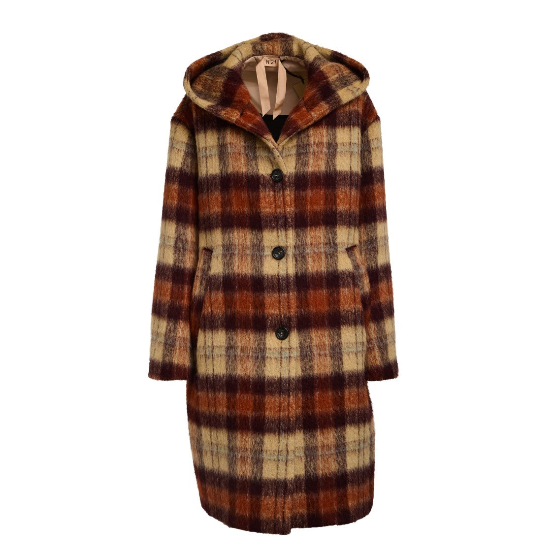 N°21 Checkered Overfit Coat With Hood And Dual Front Pockets