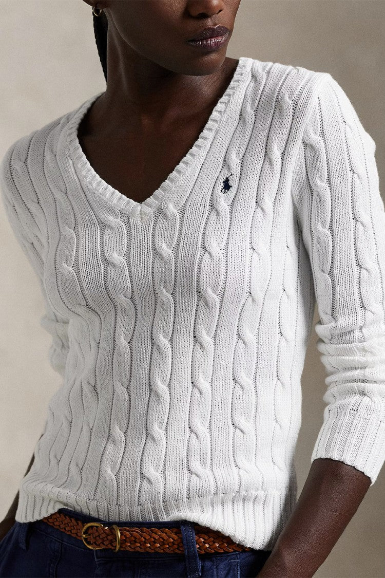 Polo Ralph Lauren White Cable-Knit Embroidered Pony Logo Cotton Sweater