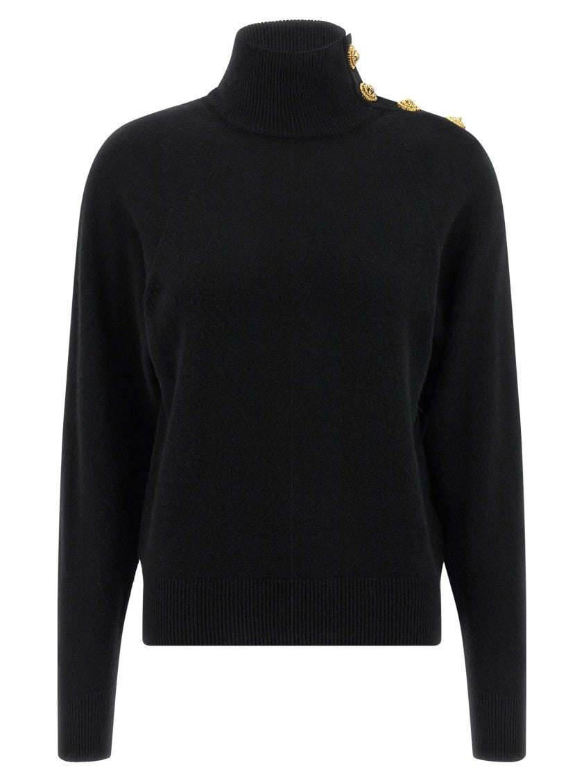 Balmain Black Cashmere-Wool Sweater With High Neck And Metal Detail