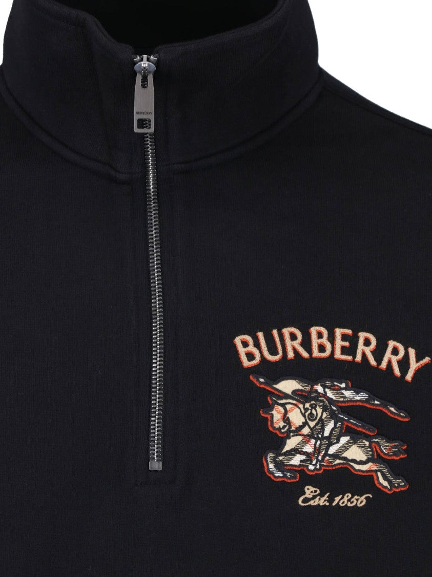 Burberry High Collar Half-Zip Black Cotton Sweatshirt With Knight Motif