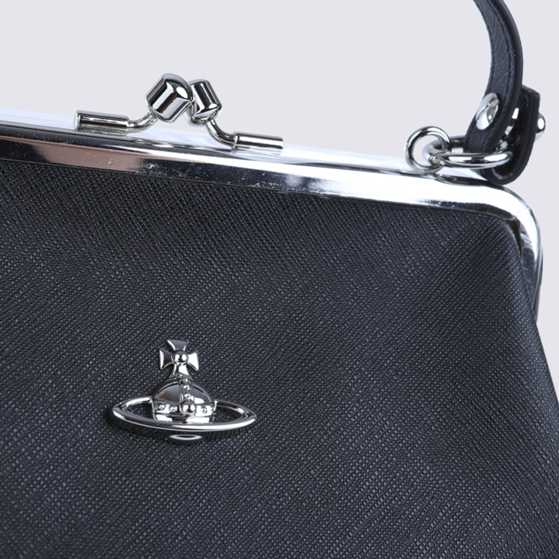 Vivienne Westwood Textured Black Handbag With Silver-Tone Frame And Chain Strap