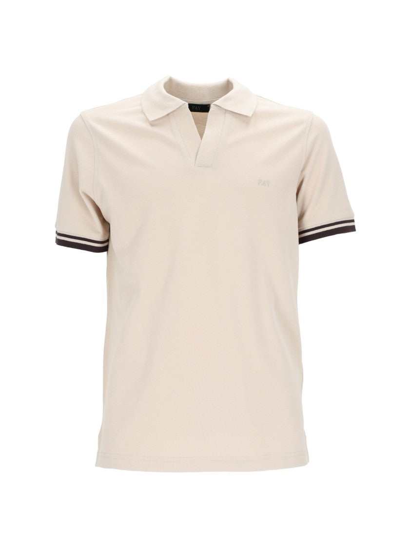 Fay Beige Striped Cuffs V Notch Polo Shirt