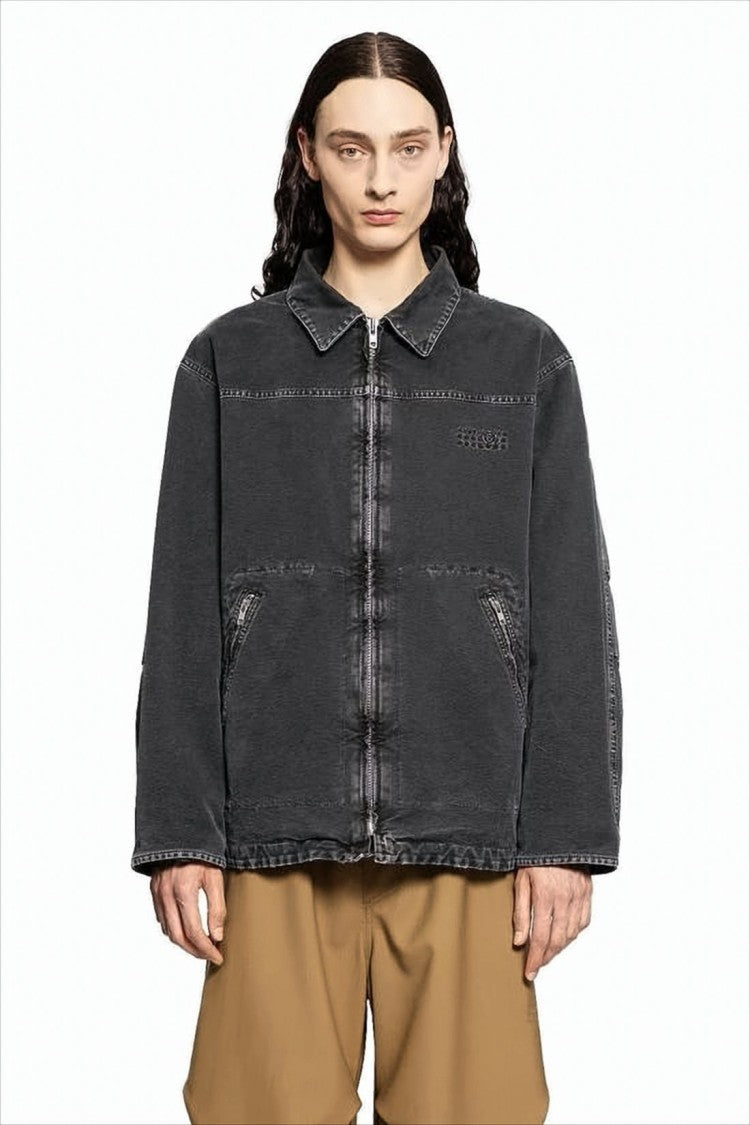 Mm6 By Maison Margiela Boxy Oversized Black Cotton Jacket With Vintage Finish