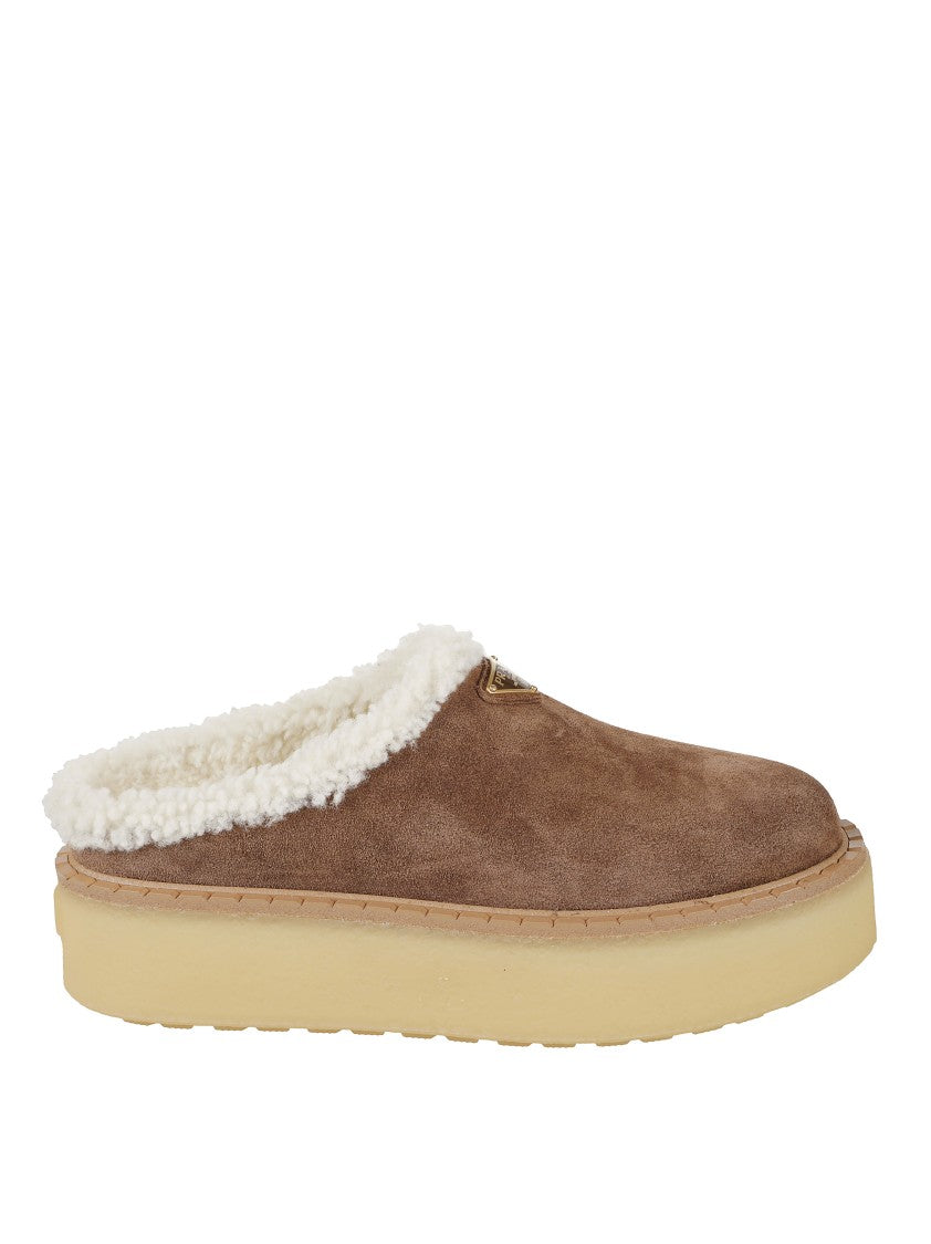 Prada Brown Suede Mules With Shearling Trim And Plush Lining