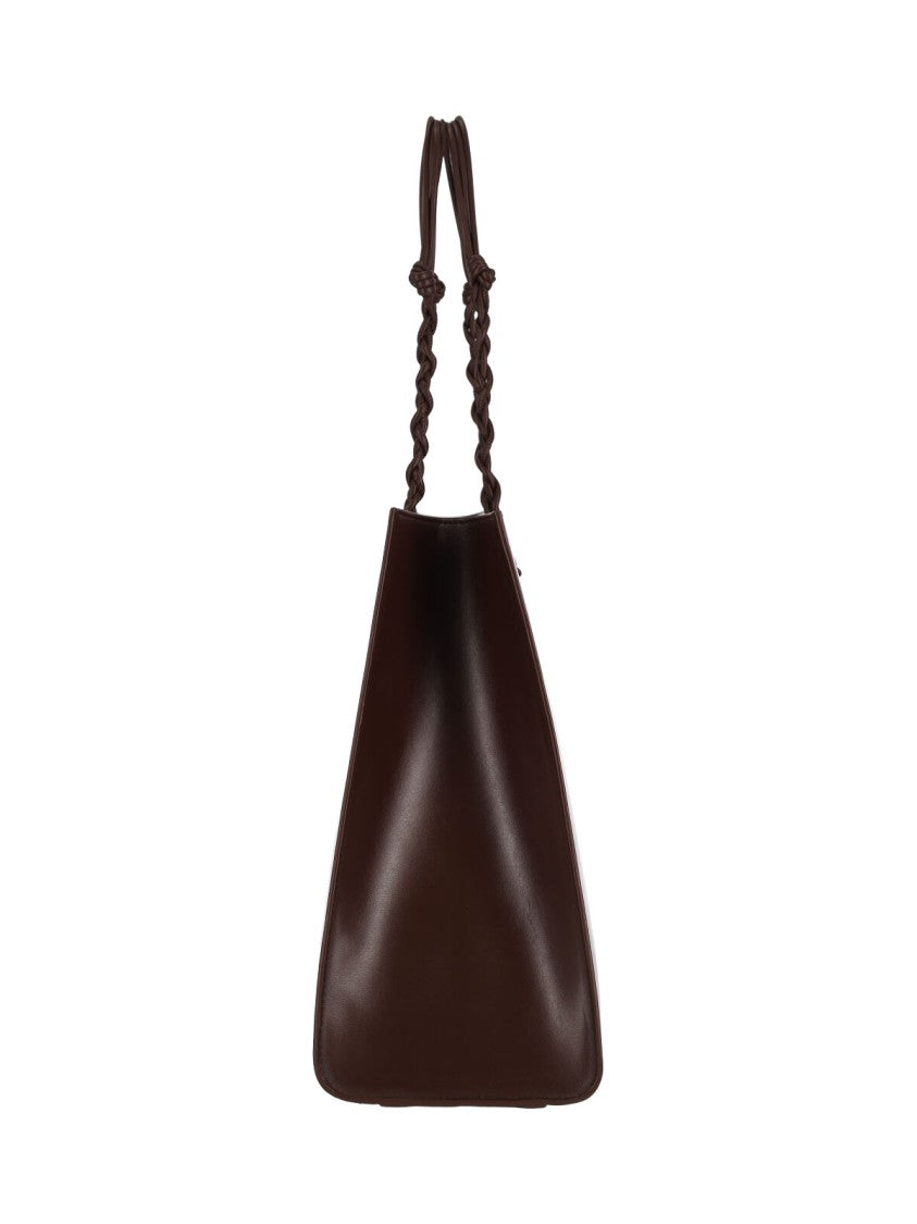 Jil Sander Braided Handle Brown Leather Tote With Gold Logo