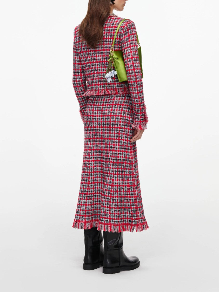 Self-Portrait Red Houndstooth Tweed Gold Button A-Line Midi Skirt