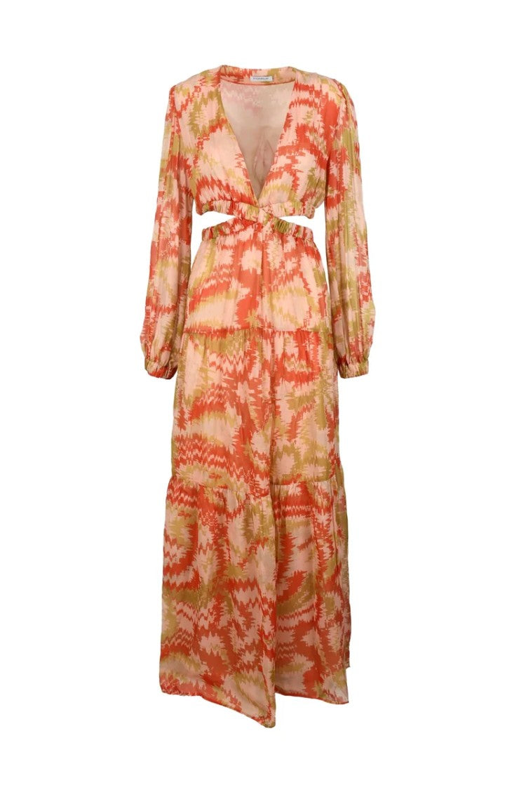 Dondup Long Chiffon Dress Puff Sleeves - Orange/Pink