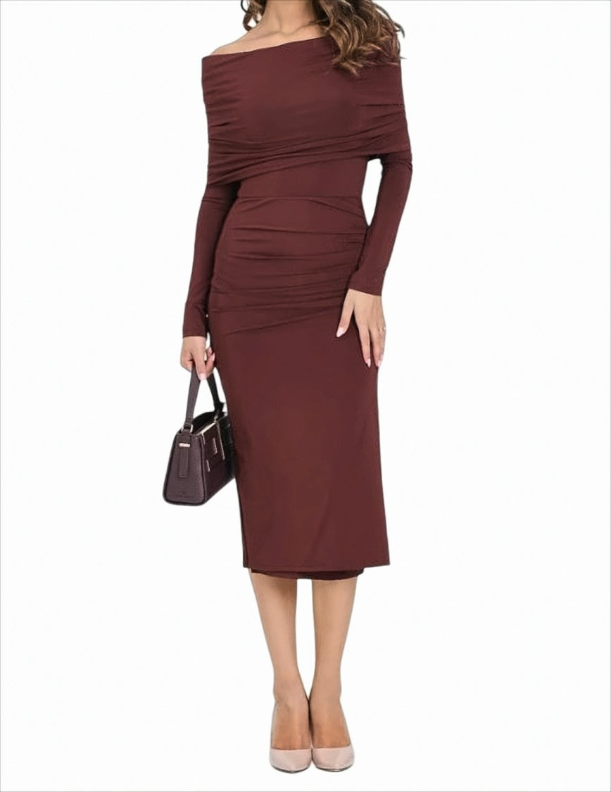 Max Mara Burgundy Jersey Midi Dress With Asymmetrical Gathering