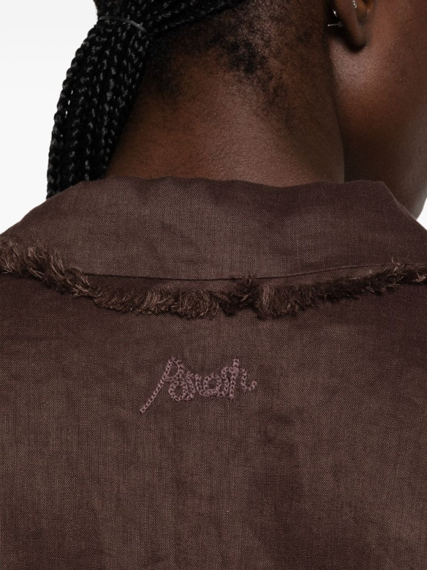 Parosh Brown Textured Linen Notched Collar Relaxed-Fit Blazer