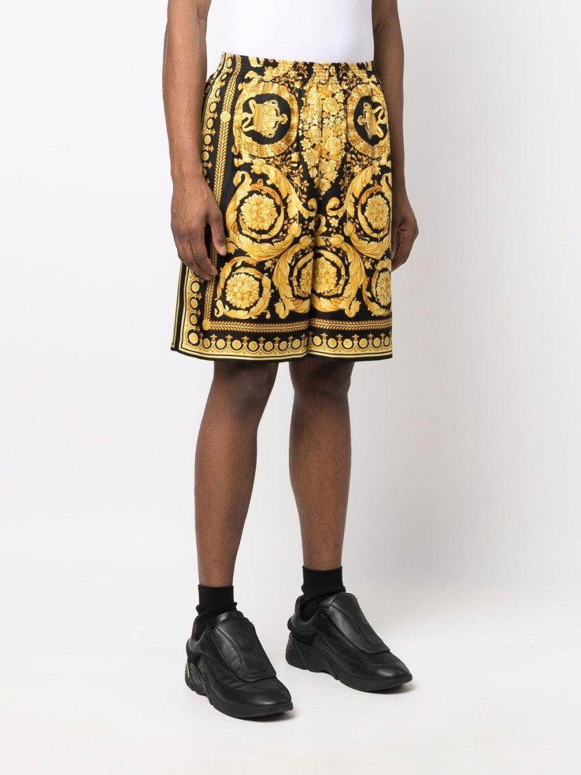 Versace Knee-Length Black And Gold Silk Shorts With Barocco Print