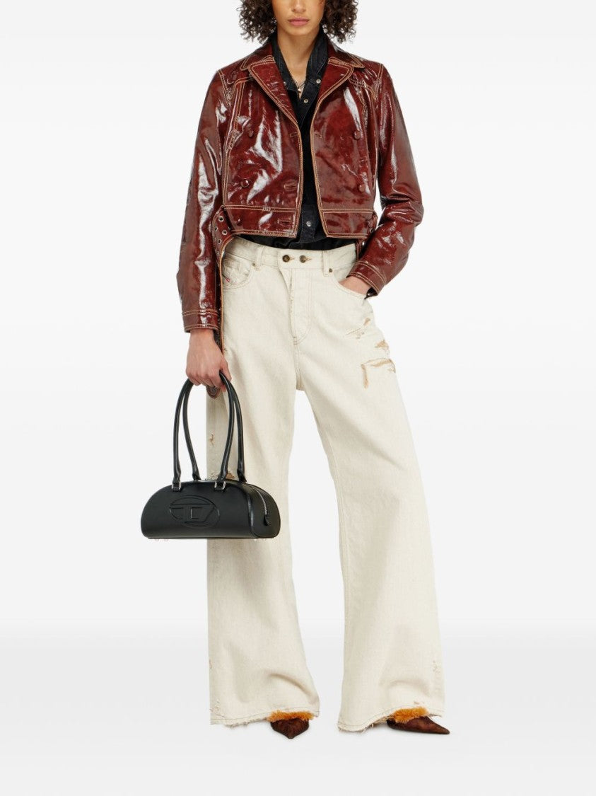 Diesel Cropped Brown Patent Leather Jacket With Double-Breasted Front