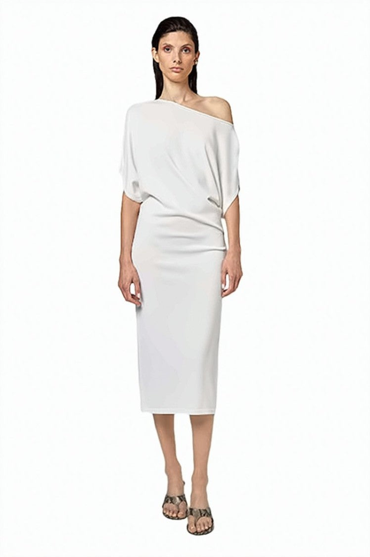 Alpha Studio Asymmetrical Ruched Side Viscose Midi Dress