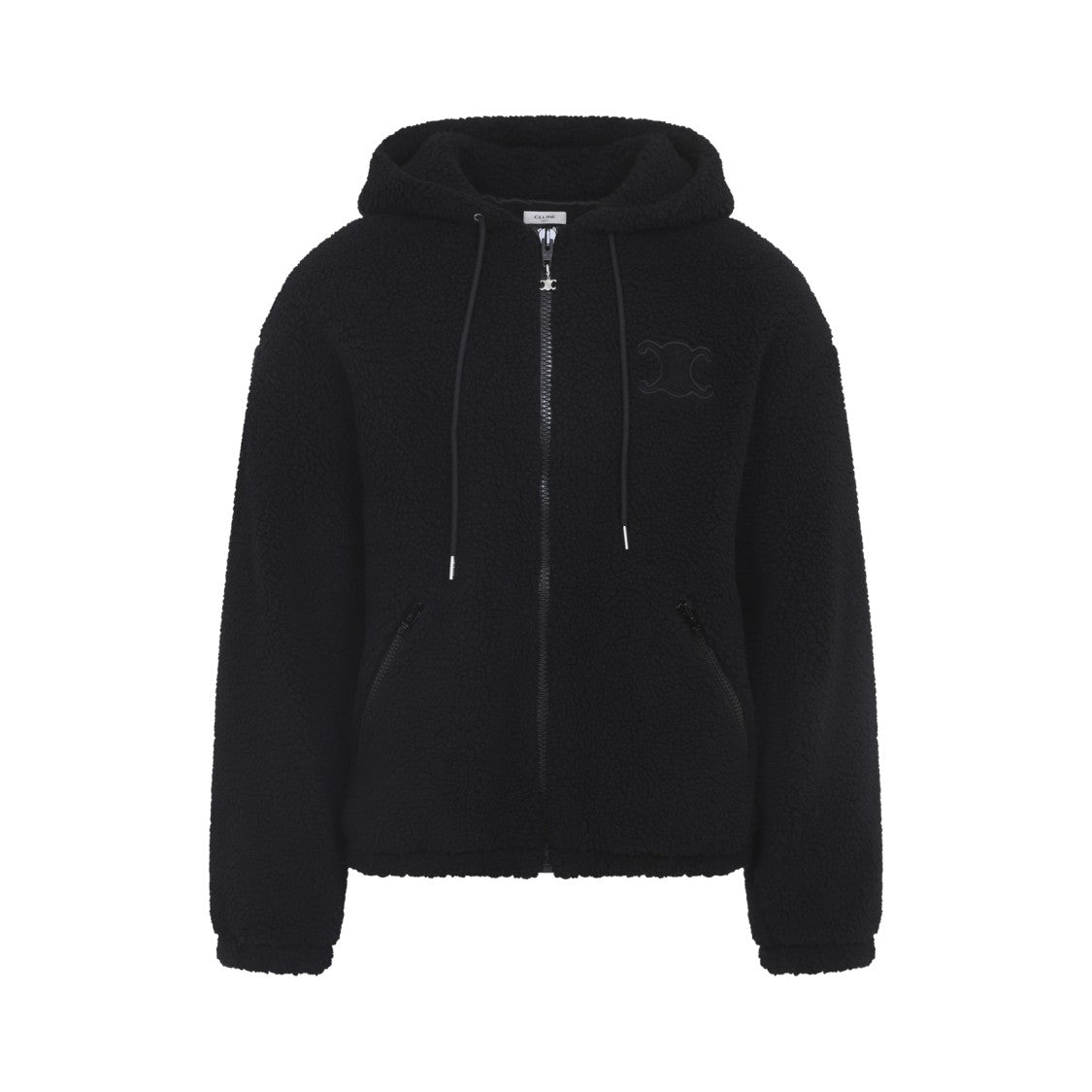 Celine Hooded Black Teddy Wool Jacket With Logo Patch