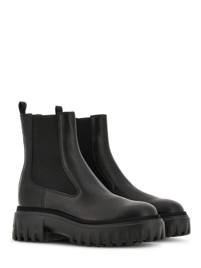 Hogan Black Leather Boots With Elastic Side Panels