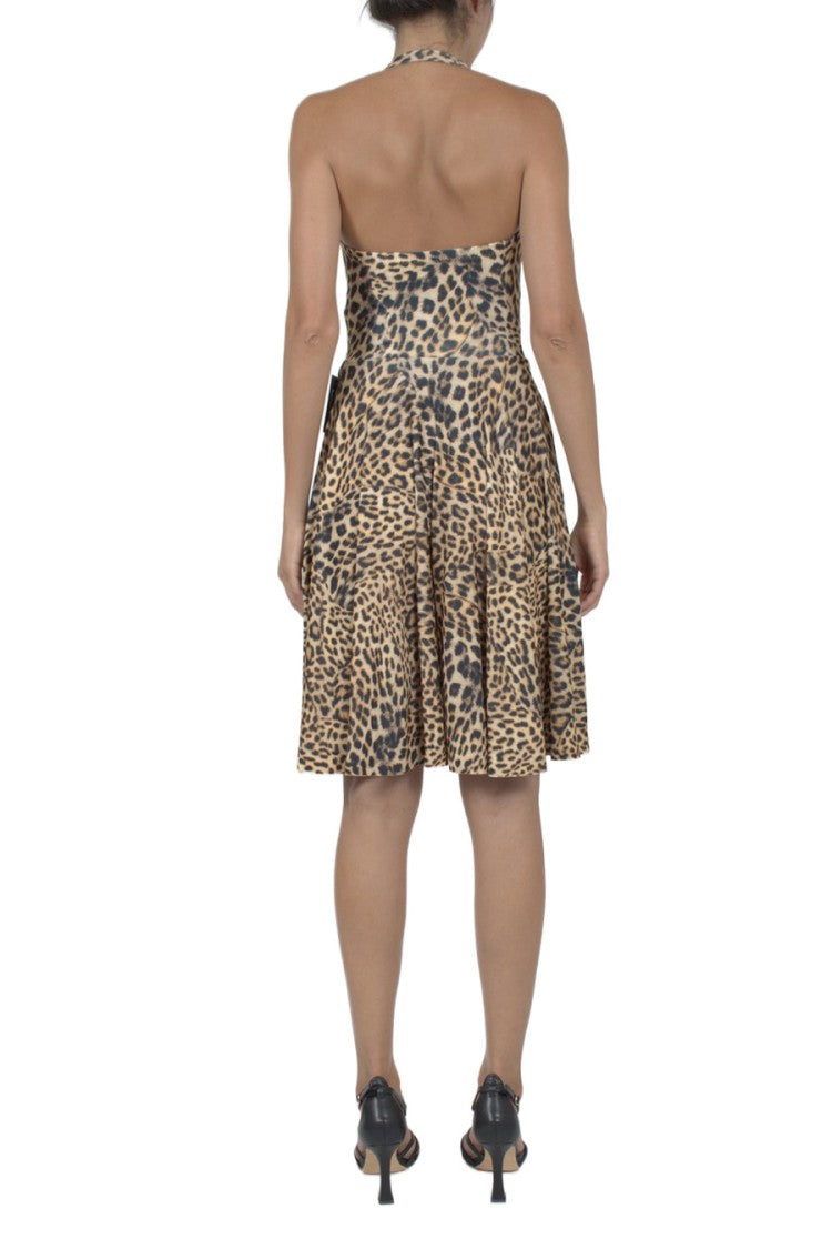 Norma Kamali Tan Leopard-Print Halter Wrap Polyester-Blend Day Dress
