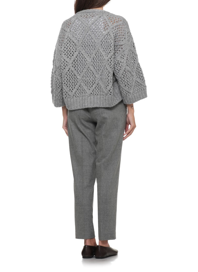 Peserico Perforated Grey Wool Cardigan With Silver Bead Accents