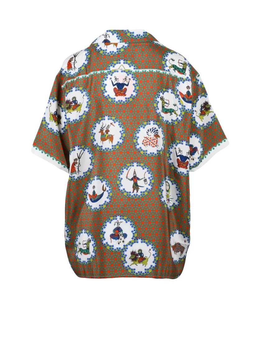 Rumi Su Multicolor Whimsical Motif Short-Sleeve Silk Shirt